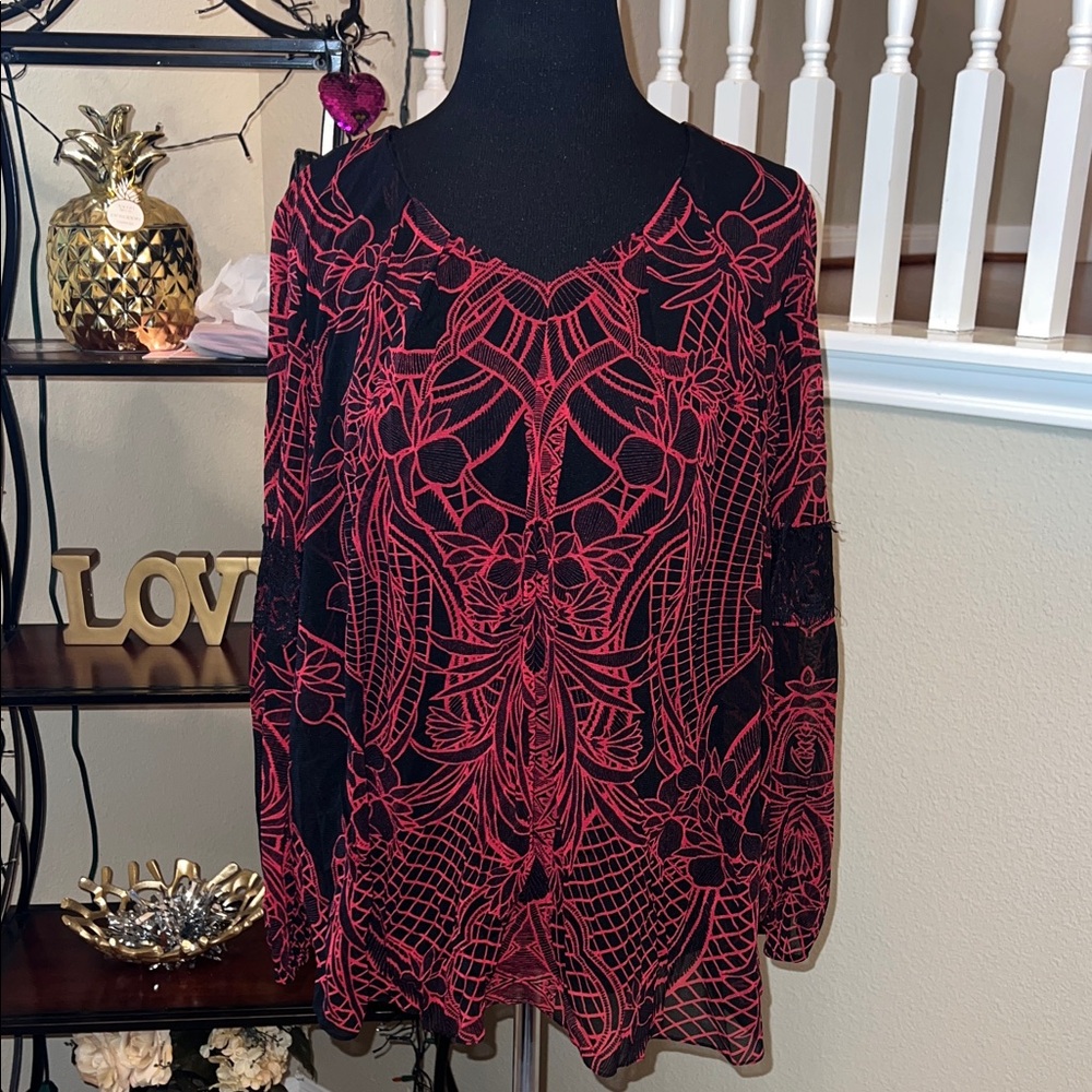 Alfani Red and Black Lace Floral Blouse